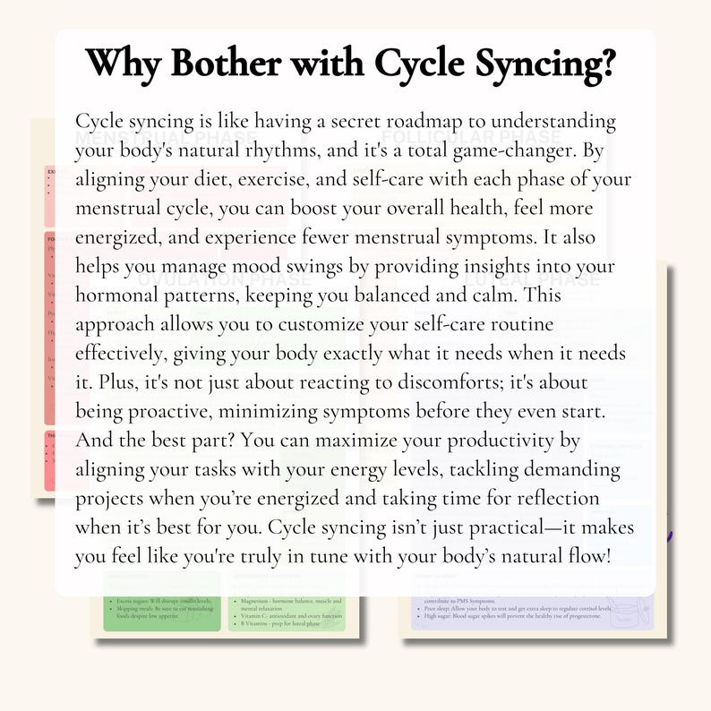 May include: A white page with the title "Why Bother with Cycle Syncing?" and body text explaining cycle syncing for health and well-being. The text is in black font. There are also smaller images with text at the bottom of the page.