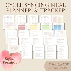 May include: A digital download of a cycle syncing meal planner and tracker. The planner includes grocery lists, meal planners, and recipe indexes. The cover features a watercolor heart with the words "Digital Download" and "Printable PDF 35+ Pages Included."