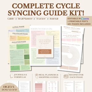 Può includere: Un kit di guida digitale intitolato "COMPLETE CYCLE SYNCING GUIDE KIT!" include un pianificatore dei pasti, un tracker e un diario. Il kit presenta modelli Canva modificabili e PDF stampabili con oltre 40 pagine. La guida copre varie fasi e include ricette.