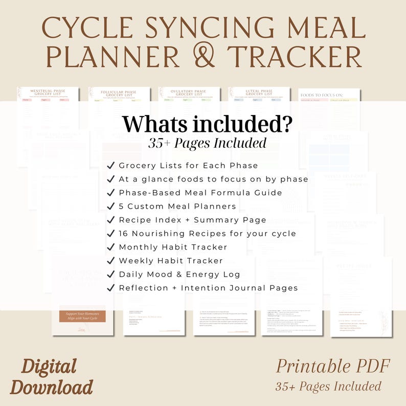 May include: A digital cycle syncing meal planner and tracker, including grocery lists, meal planners, recipes, and habit trackers. The text reads "What's included? 35+ Pages Included" and "Printable PDF 35+ Pages Included."