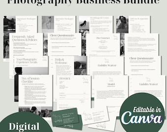 Paquete para negocios de fotografía: Kit de bienvenida para clientes y precios (plantillas de Canva)