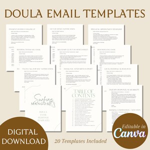 May include: A collection of doula email templates, including payment follow-up, out-of-office notifications, and appointment reminders. The templates are designed for digital download and are editable in Canva. The image includes the text "Doula Email Templates" and "Digital Download".