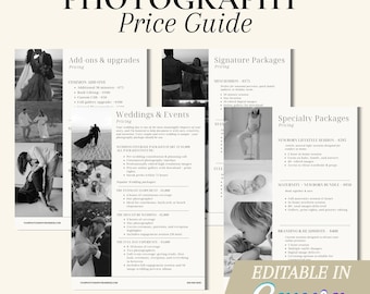 Plantilla de guía de precios para fotografía: Lista de precios editable en Canva (descarga digital)