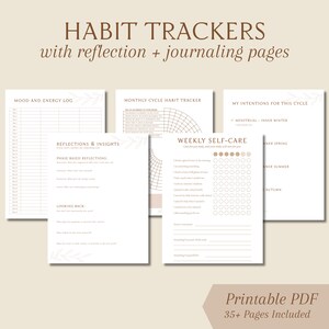 May include: A set of printable PDF habit trackers with reflection and journaling pages. The pages include mood and energy logs, monthly cycle trackers, weekly self-care prompts, and intention setting. The design is minimalist with a neutral colour palette.