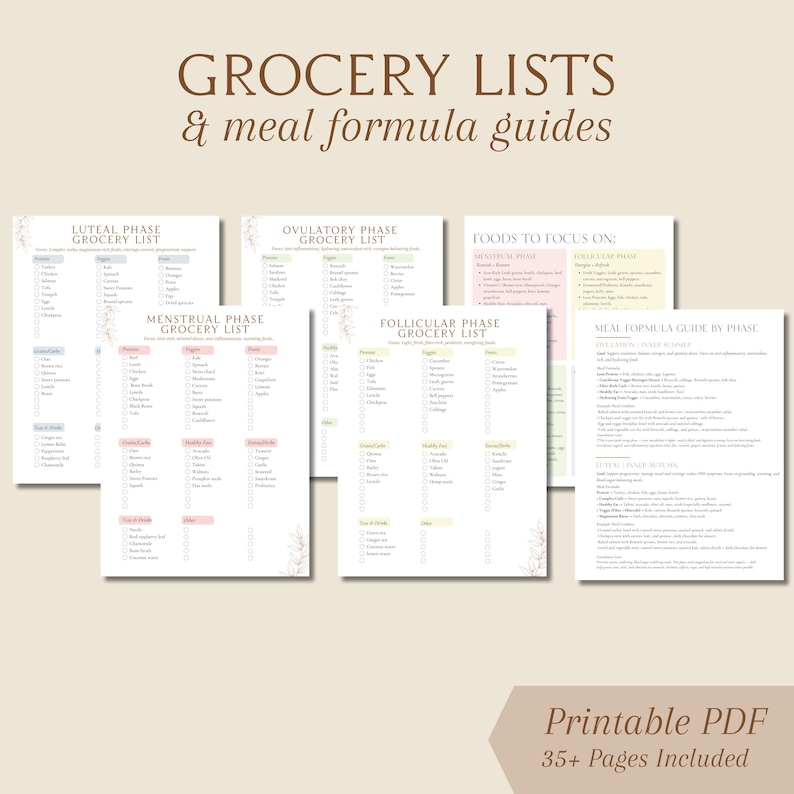 May include: Printable PDF guides featuring grocery lists and meal formulas. The documents cover various phases, including Luteal, Ovulatory, Menstrual, and Follicular. Text includes "Grocery Lists & meal formula guides" and "Printable PDF 35+ Pages Included."