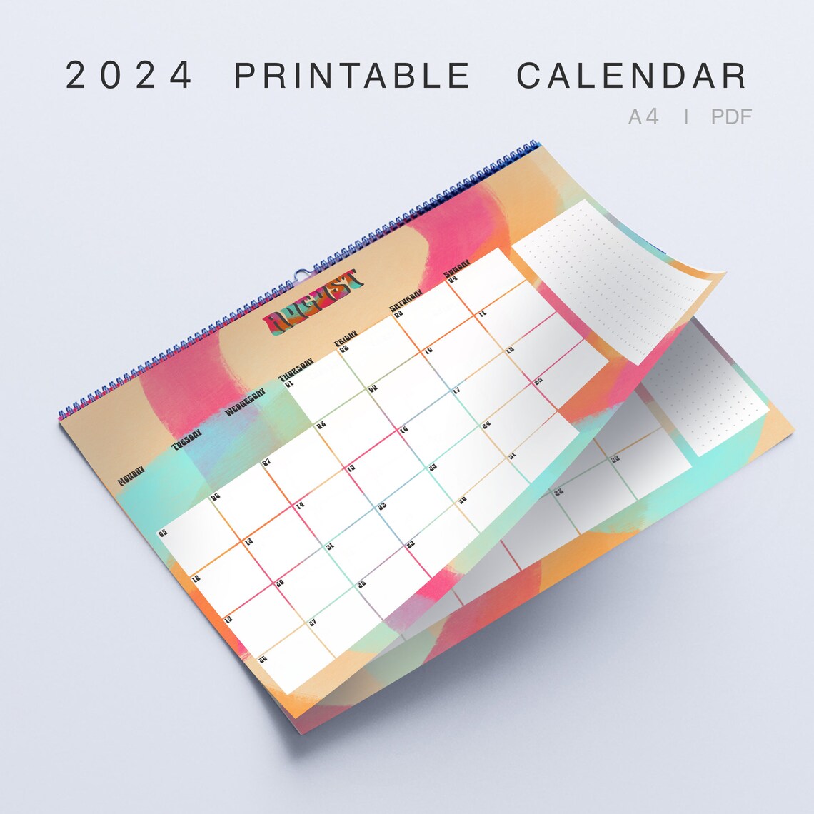 Printable 2024 Calendar A4 Colourful Organiser, Planner, Wall-calendar