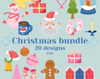 May include: A collection of 20 Christmas-themed designs, including a snowman, Santa Claus, ornaments, a gingerbread man, and houses. The designs are in various colors, such as red, pink, blue, and gold, with the text "Christmas bundle" and "20 designs".