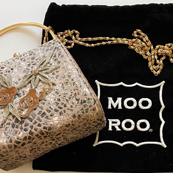 Vintage Moo Roo Earth Tone Hand bag with Gold tone finishes| with designers label and hand written signature.