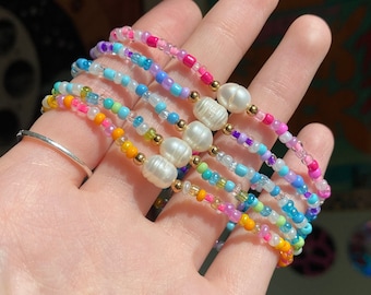 Freshwater Pearl Seed Bead Bracelet | Made With Gold Plated Accent Beads | Stackable Stretch Bracelet | Preppy, Summer, Beachy, Coconut Girl