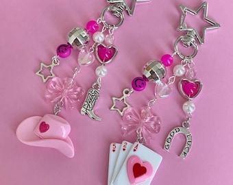 Chappell Roan Inspired Beaded Keychain | Pink Pony Club, Good Luck Babe, Disco Cowgirl, Western | Bag Charm, Bow, Dangly
