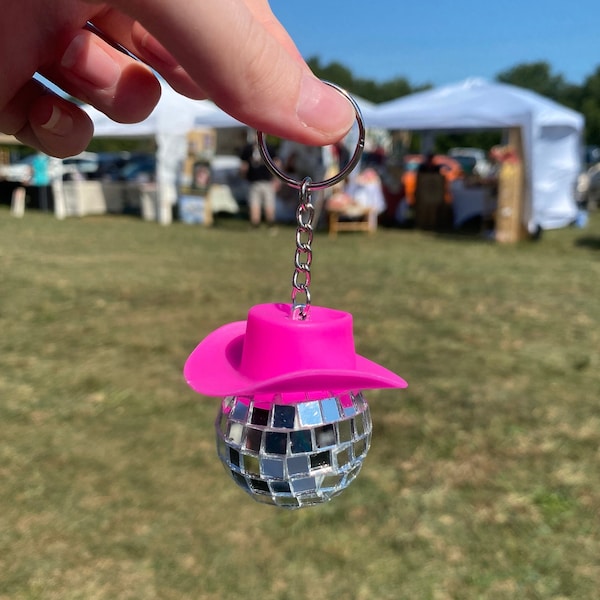 Disco Ball Cowgirl Hat Pink Keychain | Preppy Western Keychain | Mirrorball Keychain