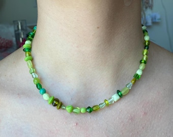 Adjustable Chunky Glass Bead Choker Necklace | Earthy, Boho, Hippie | Green, Brown, Purple Beaded Necklace | Fall, Whimsical, Fairycore