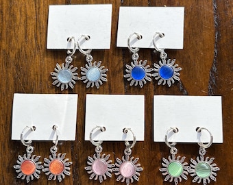 Silver Plated Colorful Sun Huggie Earrings | Summer, Boho, Dangly, Stackable