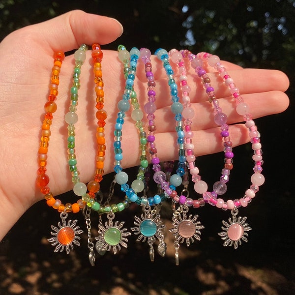 Crystal Seed Bead Sun Necklace | Adjustable Beaded Necklace | Hippie, Boho Jewelry | Celestial, Solar | Silver Sun Necklace