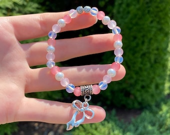 Crystal Bow Charm Bracelet | Gemstone & Glass Beaded Bracelet | Stretchy, Stackable, Coquette, Preppy | Pink, Pearl, Opalite