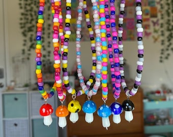 LGBTQ+ Pride Seed Bead Mushroom Necklace | Glass Mushroom Bead Adjustable Choker Necklace | Pride Month Gift