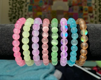 Glass Bead Stretch Bracelet | Stackable | Cat's Eye, Iridescent, Pastel Glass Bead Bracelet | Hippie Style Stretch Bracelet | Mermaid Glass