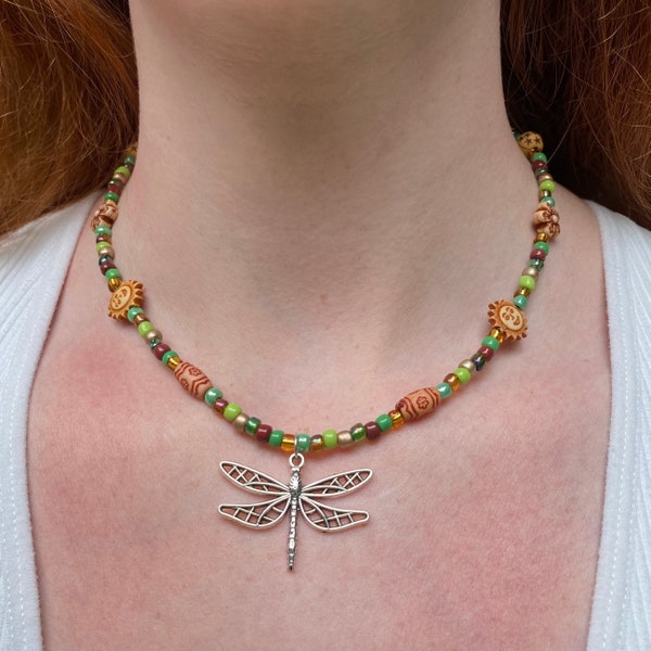 Earth Tones Dragonfly Seed Bead Necklace | Earthy, Boho, Hippie, Sun, Flower | Green & Brown Adjustable Beaded Necklace | Fall Jewelry