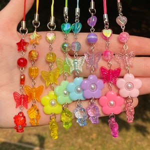 Y2K Beaded Keychain, Phone Charm, or Car Charm | Kandi Beaded Phone Strap, Bag Charm, Zipper Pull | Floral, Butterfly, Rainbow | Kidcore