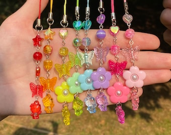 Y2K Beaded Keychain, Phone Charm, or Car Charm | Kandi Beaded Phone Strap, Bag Charm, Zipper Pull | Floral, Butterfly, Rainbow | Kidcore