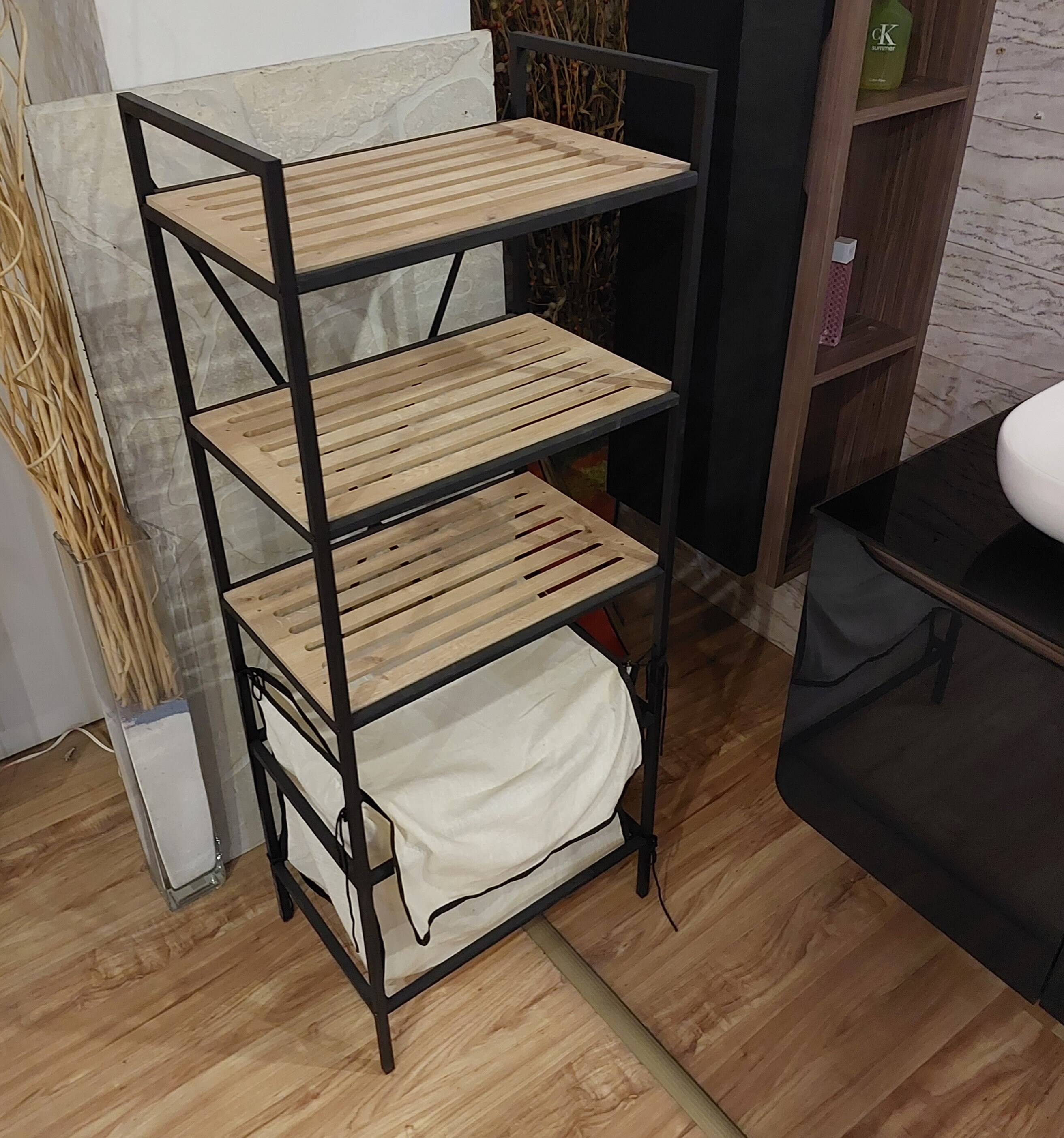 Bathroom Laundry Organizer 3 Shelves Storage With Laundry Bag Basket ...