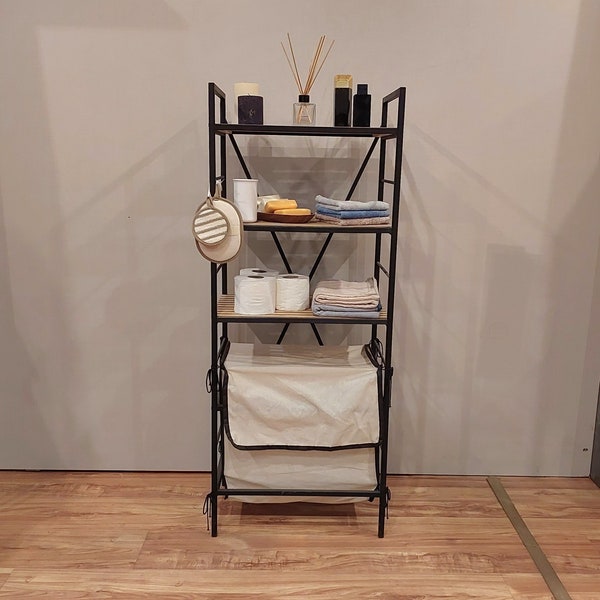 Bathroom Laundry Organizer 3 Shelves Storage with Laundry Bag Basket Multifunctional Shelf