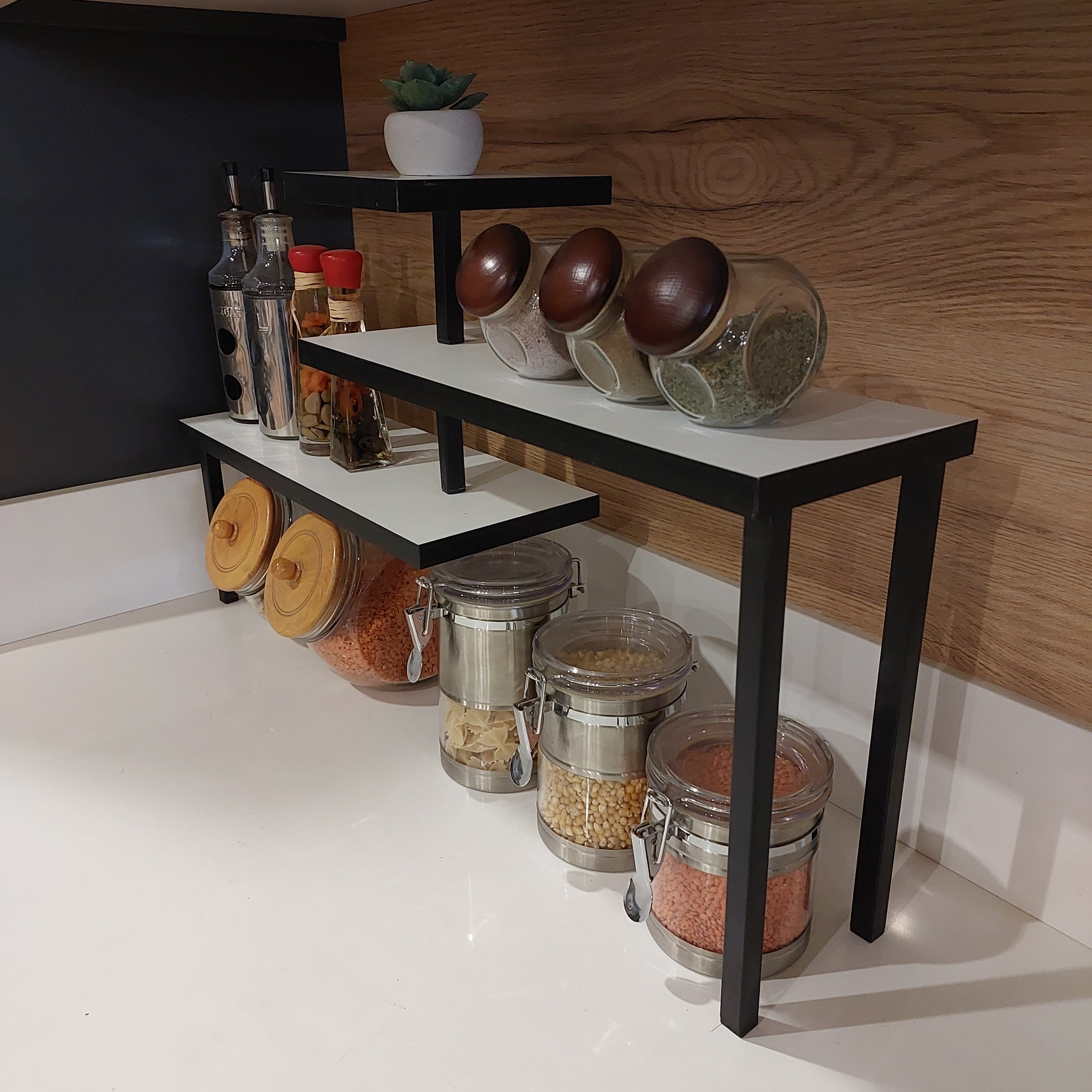 Organizador de encimera, estante esquinero móvil de 3 niveles para cocina,  baño, especiero, área de café, sobre fregadero, tocador (marrón rústico)