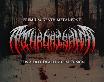Pode incluir: Um design digital com uma fonte de death metal em branco e vermelho, com um efeito de gotejamento. O texto "PREMIUM DEATH METAL FONT" e "PLUS A FREE DEATH METAL DESIGN" também estão incluídos. O fundo é uma cena de floresta escura.