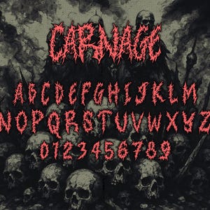 May include: A digital illustration of a font set called "CARNAGE". The font is a spiky, red color, and the background is a dark, skull-filled scene. The font includes the alphabet and numbers.