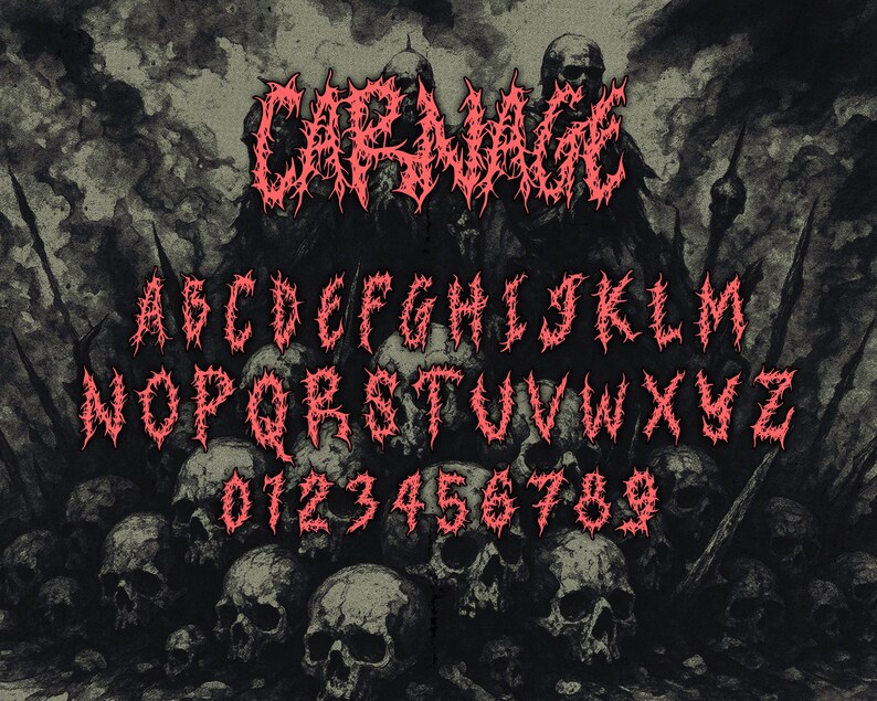 May include: A digital illustration of a font set called "CARNAGE". The font is a spiky, red color, and the background is a dark, skull-filled scene. The font includes the alphabet and numbers.
