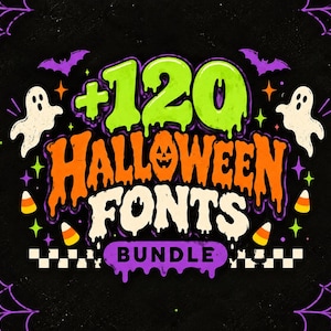 May include: A digital graphic featuring the text +120 HALLOWEEN FONTS BUNDLE in lime green, orange, and white dripping letters. The design includes white ghosts, purple bats, orange and yellow candy corn, and purple spider webs on a black background.