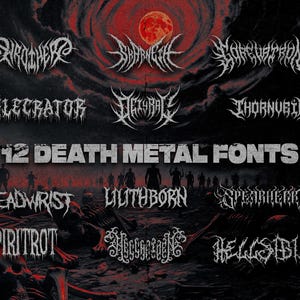 May include: A dark, digitally created image featuring 12 death metal fonts in a variety of styles. The fonts are white and stylized against a red and black background with a full moon and silhouettes.
