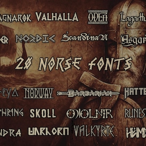 Può includere: Illustrazione digitale in seppia con un guerriero vichingo e una nave lunga. L'immagine mostra 20 font norreni, tra cui "Ragnarok", "Valhalla" e "Odin".
