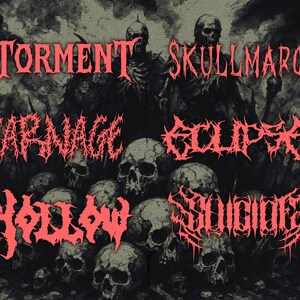May include: A dark, gothic-style illustration featuring the words "Torment Skullmarch Carnage Eclipse Hollow Suicide" in a jagged, red font. The background includes skulls and shadowy figures, creating a dark and intense aesthetic.