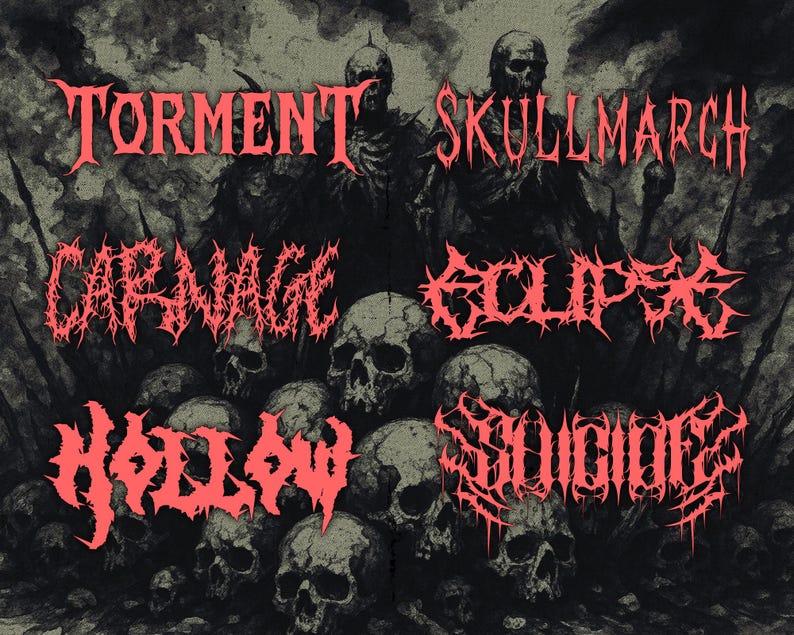 May include: A dark, gothic-style illustration featuring the words "Torment Skullmarch Carnage Eclipse Hollow Suicide" in a jagged, red font. The background includes skulls and shadowy figures, creating a dark and intense aesthetic.