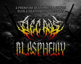 Pode incluir: Um design digital com a palavra "BLASPHEMY" em uma fonte estilizada e irregular com gradientes amarelos, laranja e vermelho. A imagem inclui o texto "2 PREMIUM DEATH METAL FONTS PLUS 2 DEATH METAL DESIGNS."