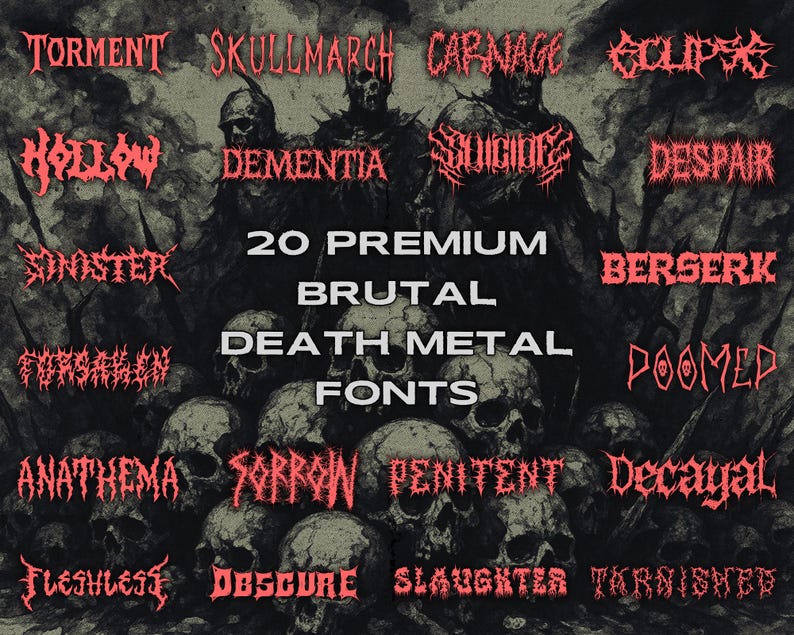 May include: A digital graphic featuring 20 premium brutal death metal fonts in a red, jagged style. The fonts are displayed over a dark, textured background with skulls and figures.