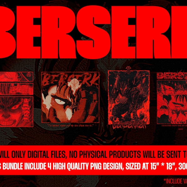 BERSERKGUTSBUNDLE, Berserker Anime PNG Bundle, Anime Manga Ready To Print Digital Designs, B3rserk Rage Gutz, Berzer Manga, Berserker Anime.