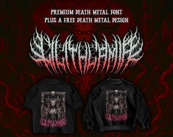 Pode incluir: Camiseta e moletom pretos com uma ilustração gótica de uma demônio feminina e o texto "SULITHAMIFE". A imagem também inclui o texto "PREMIUM DEATH METAL FONT PLUS A FREE DEATH METAL DESIGN" em uma fonte estilizada.