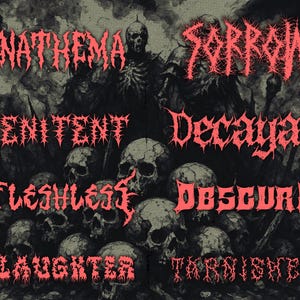 May include: A dark, gothic-themed illustration featuring a skull-filled foreground and a shadowy figure. The image is overlaid with red text, including words like "Anathema," "Sorrow," and "Slaughter," creating a macabre aesthetic.