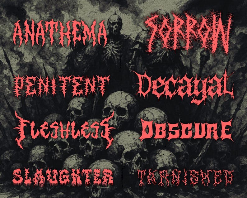 May include: A dark, gothic-themed illustration featuring a skull-filled foreground and a shadowy figure. The image is overlaid with red text, including words like "Anathema," "Sorrow," and "Slaughter," creating a macabre aesthetic.