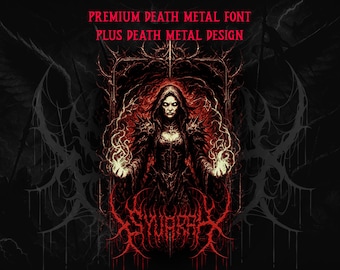 Pode incluir: Ilustração gótica escura com uma figura vestida com orbes brilhantes, sobre um fundo preto texturizado. A imagem inclui o texto "PREMIUM DEATH METAL FONT PLUS DEATH METAL DESIGN" em vermelho, e texto estilizado.