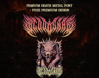 Pode incluir: Um design digital com uma ilustração de lobo e o texto "BLOODOSNAKE" em uma fonte estilizada. O design inclui o texto "PREMIUM DEATH METAL FONT + FREE PREMIUM DESIGN" em um fundo escuro e ardente.