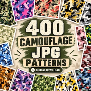 Pode incluir: Uma coleção de 400 padrões de camuflagem em formato JPG com vários esquemas de cores, incluindo verde, rosa, azul, laranja e amarelo. O texto central diz 400 CAMOUFLAGE JPG PATTERNS com um ícone e botão de download digital abaixo.