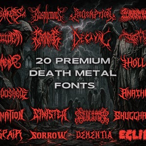 Op de afbeelding: Een digitale afbeelding met 20 premium death metal lettertypen in gotische stijl. De lettertypen zijn rood, met scherpe, gekartelde randen, tegen een donkere, onheilspellende achtergrond met gotische architectuur.