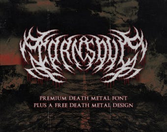 Pode incluir: Um fundo escuro e texturizado com um logotipo branco e vermelho "MORNSOULE". O logotipo tem um design gótico e espinhoso. Abaixo, o texto diz "PREMIUM DEATH METAL FONT PLUS A FREE DEATH METAL DESIGN".