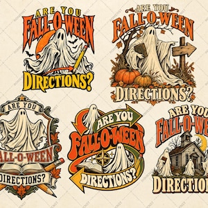 May include: Five graphic designs featuring ghosts and the text "ARE YOU FALL-O-WEEN DIRECTIONS?". The illustrations include pumpkins, autumn leaves, pencils, books, a wooden signpost, and a building, all rendered in a warm orange, brown, and cream color palette.