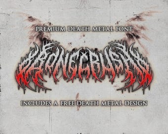 Pode incluir: Design gráfico com a palavra "VANGUARD" numa fonte estilizada e irregular, em branco e vermelho. O texto "PREMIUM DEATH METAL FONT" e "INCLUDES A FREE DEATH METAL DESIGN" estão acima e abaixo.