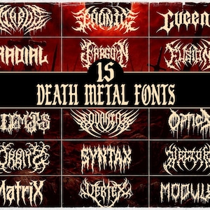 Paquete de 15 fuentes premium de death metal: fuentes góticas, black metal y terror para logotipos de bandas, pósteres y merchandising.