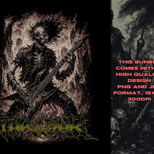 May include: A sepia-toned illustration of a skeletal figure playing an electric guitar. The figure is in a dynamic pose, with long, spiky hair and tattered clothing. The background features a cityscape and flames. The image includes text.